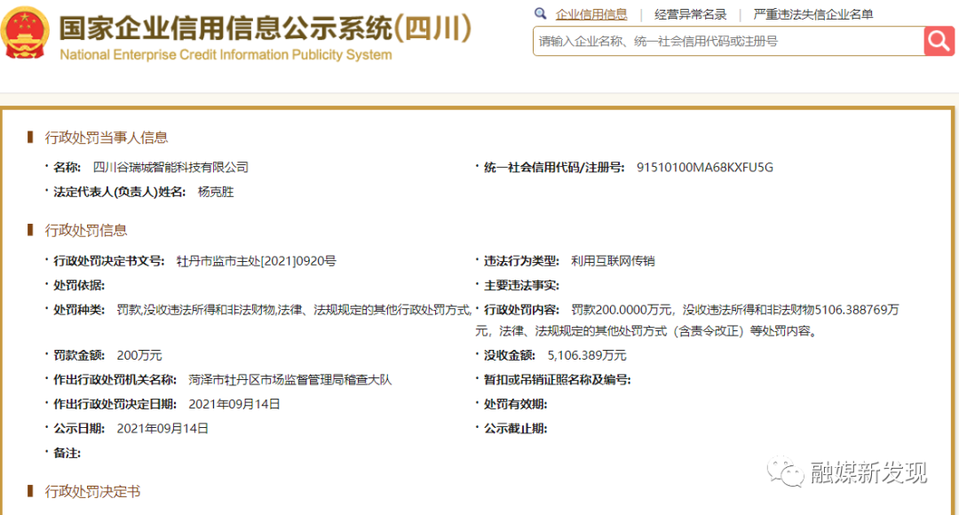 四川谷瑞城公司因“利用互联网传销”被罚款200万元，且没收违法所得5千多万元 